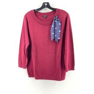 Talbots Women's Burgundy Long Sleeve Knit Sweater Silk Hearts Ribbon Size Medium